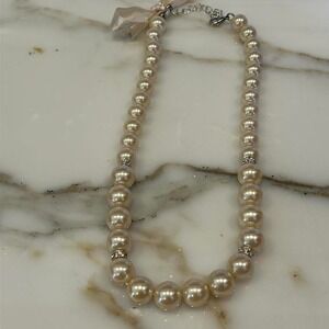 16" faux pearl necklace with rhinestone disc accents, lobster claw clasp